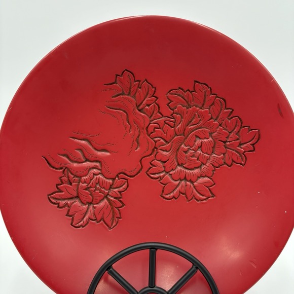 Murakami Kibori Tsuishu Lacquered Wood Plate With Hand Crafted‎ Floral Pattern - Picture 5 of 11